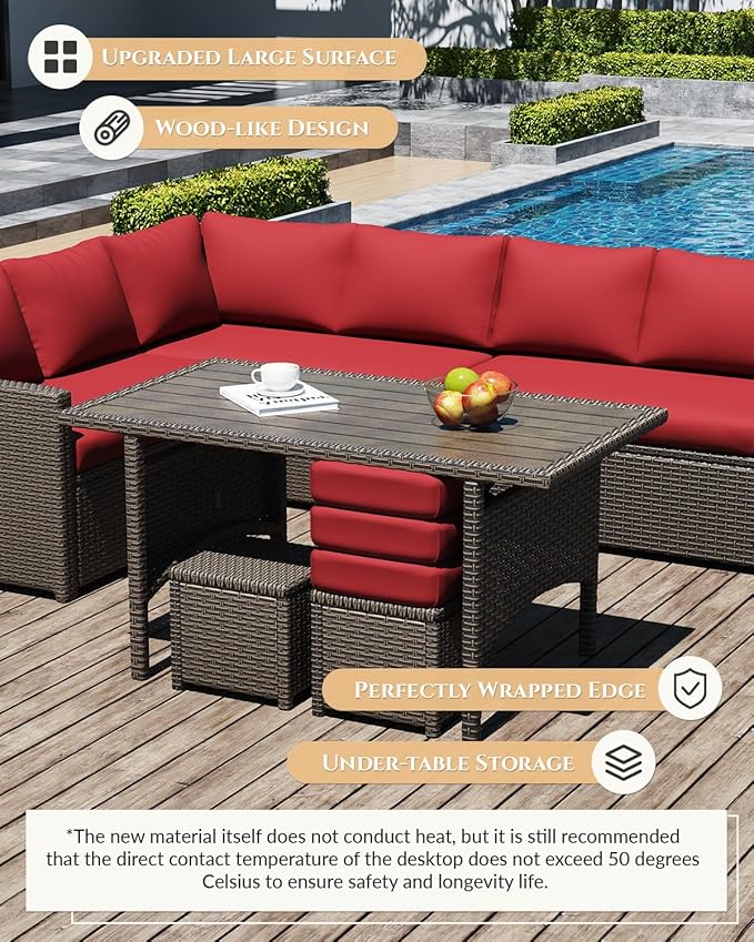U-MAX 7 Pieces Patio Furniture Set, Outdoor Sectional Sofa Conversation Set, All Weather Wicker Rattan Dining Table & Chair with Ottoman, Brown Rattan&Red Cushion