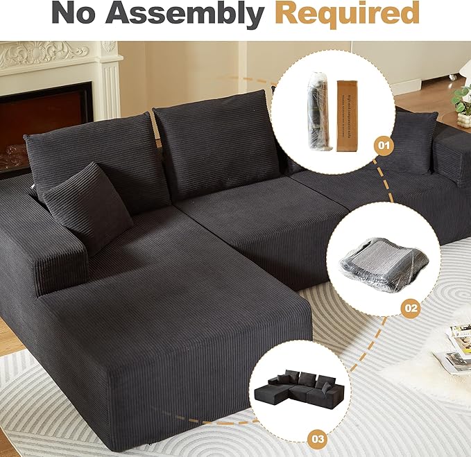 109.4" Oversized Modular Sectional Sofa with Chaise, Convertible L Shaped Cloud Couch with Deep Seat, 35D Full Foam Compressed Boneless Couches for Living Room, Bedroom, Office, No Assembly Required