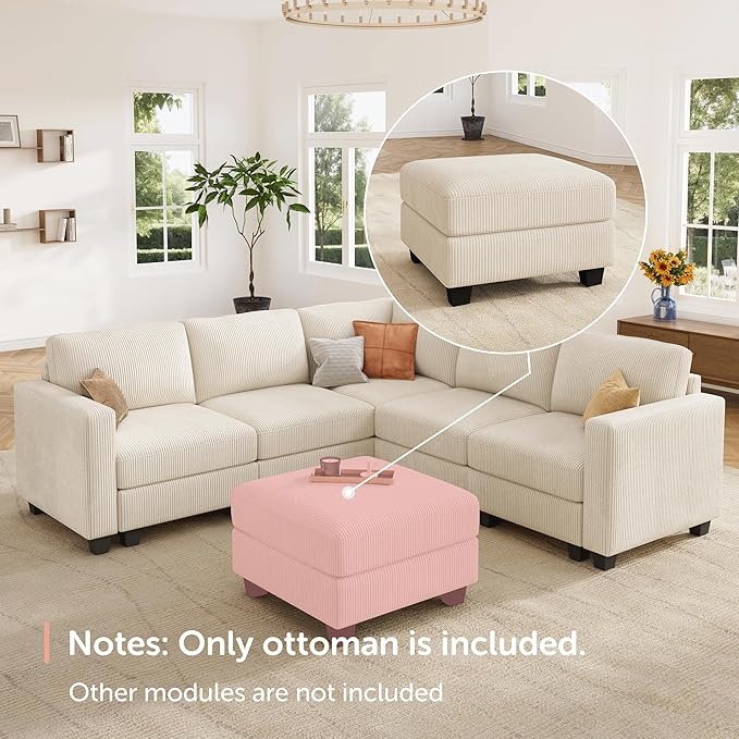 HONBAY Modern Corduroy Ottoman Module Sofa, 28.4 Inch Square Ottoman Bench with Storage, Beige