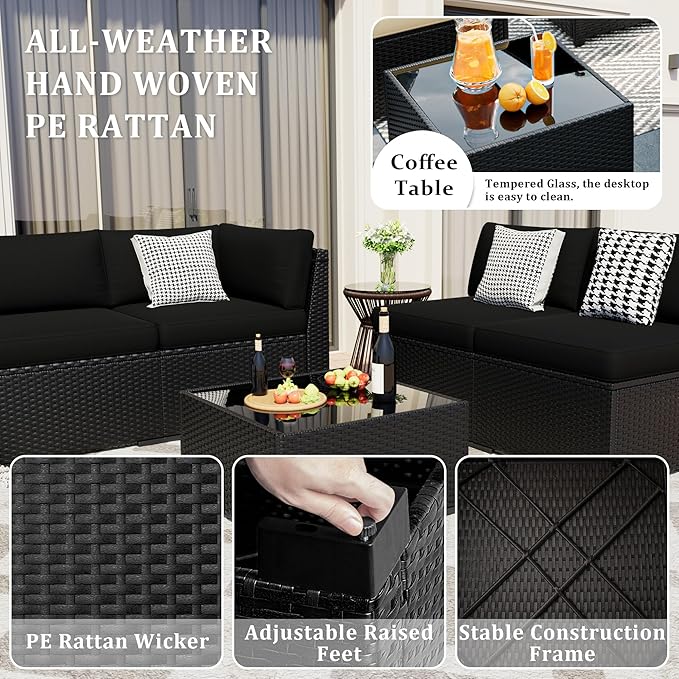 8 Pieces Outdoor Patio Furniture Set with 44" Fire Pit Table Black Rattan Sectional Conversation Sets w/Gas Fire Pit, Coffee Table, 1 Waterproof Covers, Black