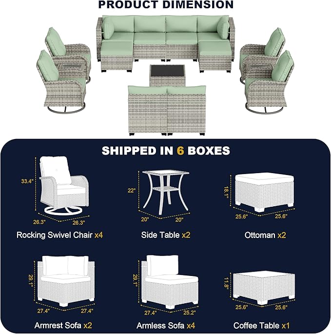 15-Piece Outdoor Patio Furniture Set with Rocking Swivel Chair, Wicker Rattan Sectional Sofa Conversation Set with Tempered Glass Table with Ottomans, Backyard Furniture, Light Green