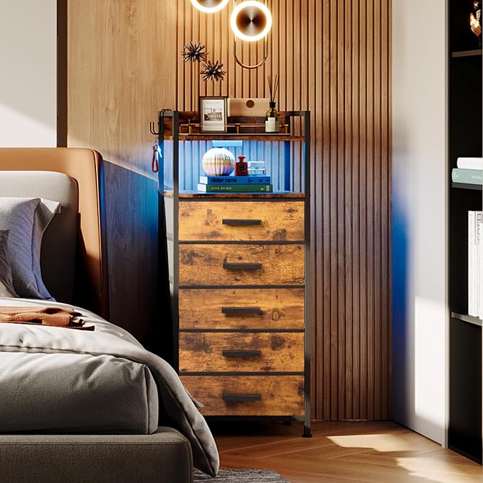 Nightstand 5 Drawer Dresser with Charging Station & LED Lights, Side Table with Fabric Drawers, End Table with Open Shelf with Hooks, Tall Dresser for Bedroom, Hallway, Entryway (Rustic Brown) - Image 2