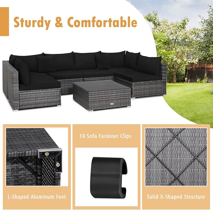Tangkula 7 Piece Patio Wicker Furniture Set, Outdoor Rattan Sectional Sofa Set for 6 with Seat & Back Cushions, 2 Throw Pillows, Sofa Fastener Clips, for Backyard, Poolside, Deck and Garden (Black)