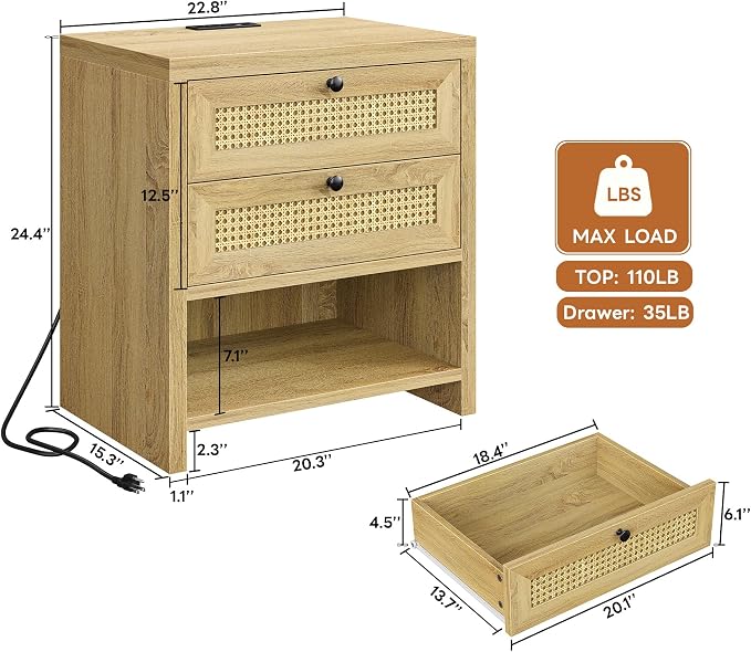 LIKIMIO Night Stand, 23" Wide Rattan Nightstand with Charging Station, Boho Side Table with 2 Drawers and Open Shelf, Bedside Table for Bedroom, Natural Oak - Image 2