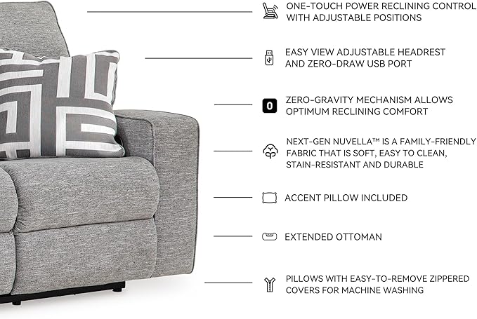 Signature Design by Ashley Biscoe Power Reclining Sofa, Easy View Headrest & Zero-Gravity Recline, Next-Gen Nuvella Polyester, Extended Ottoman, 88" Living Room Seating