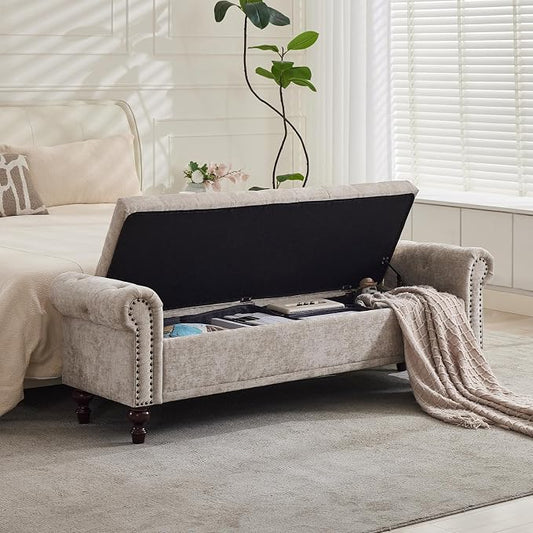 SOFTHION Storage Bench for Bedroom, 67" End of Bed Bench King Size, Upholstered Chenille Storage Ottoman with Tufted Cushioned Rolled Arm Large Storage Space for Living Room Entryway, Light Brown by SofthionDesign
