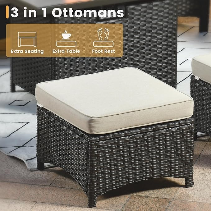 HOOOWOOO Patio Furniture Set,5 Piece Outdoor Furniture Set,Wicker Patio Conversation Couch Chairs Ottoman Set,Beige