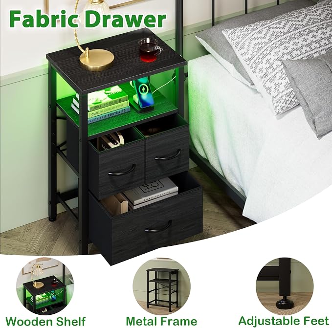 Furnulem Tall Night Stand with Charging Station and Led Light, Small Dresser with Open Shelf and 4 Storage Drawers, Black Side Table Fabric Nightstand for Bedroom, Entryway, Bedside Furniture | and Led Light, Open Shelf, 4 Storage Drawers, for Bedroom,... - Image 7