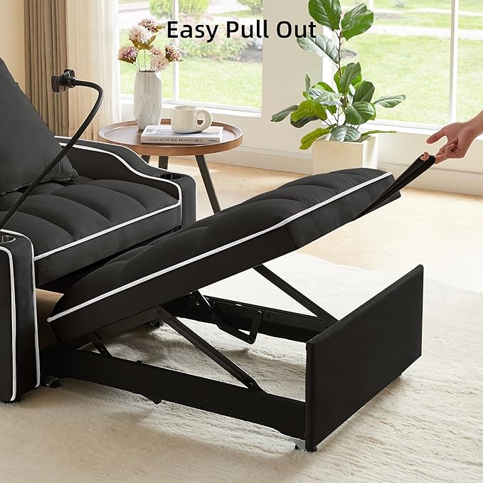 3 in 1 Convertible Sleeper Sofa Bed with Phone Holder, 35'' Pull Out Sofa Bed Recliner with Adjustable Backrest, Velvet Fabric Sleeper Couch Single Modern Chair for Small Space & RV, Black