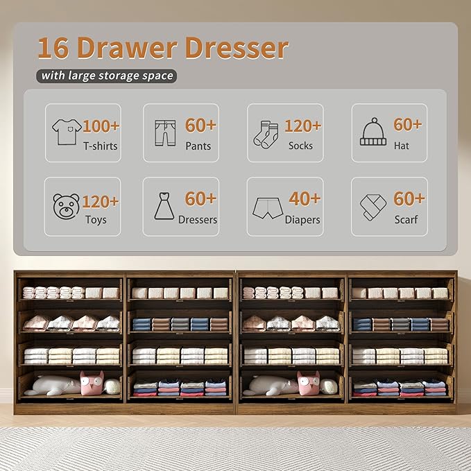 Dresser for Bedroom Set of 2, Large Dresser with 16 Drawers, Fluted Modern Bedroom Furniture Set, TV Stand Dressers & Chests of Drawers for Closet, Walnut(15.7" D x 110.2" W x 36" H)