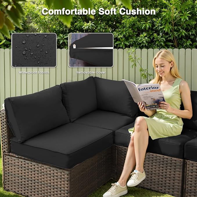 11 Pieces Patio Furniture Set with 44" Fire Pit Table, Rattan Outdoor Sectional Conversation Sets, All Weather Outdoor Furniture Set with Cushions for Garden Lawn Balcony Porch Deck Black
