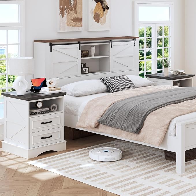 Fluest 24" Tall Farmhouse Nightstand, Night Stand with Fast Charging Station, Beside Tables with Drawers and Open Storage, Rustic End Tables for Bedroom, Antique White - Image 3