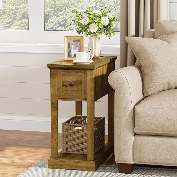 Nightstand Set of 2 with Charging Station, Side Table with Storage, Thicken Base, for Bedroom, Brown - Image 4