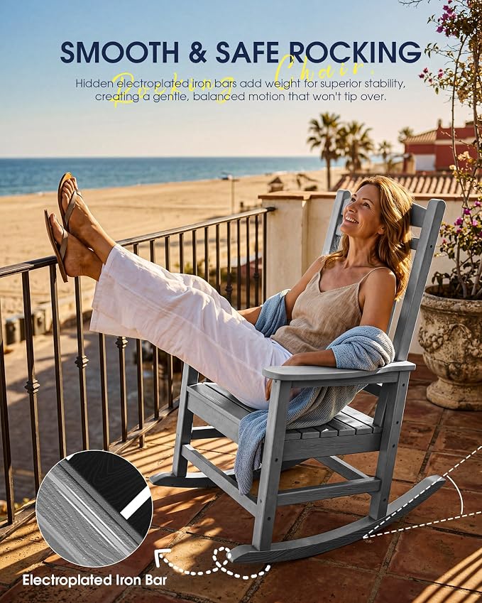 KINGYES Oversized HDPE Outdoor Rocking Chair, All-Weather Patio Rocking Chair, Weather Resistant Porch Rocker for Adults, Light Gray - Image 7