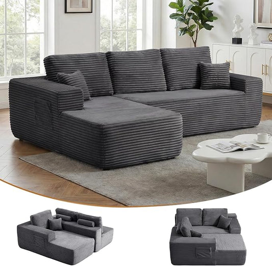 104 inch Boneless L-Shaped Sectional Sofa with Throw Pillow & Side Pockets- No Assembly Compressed Modular Couch, Memory Foam, Deep Seat for Living Room, Bedroom, Apartment Grey Left