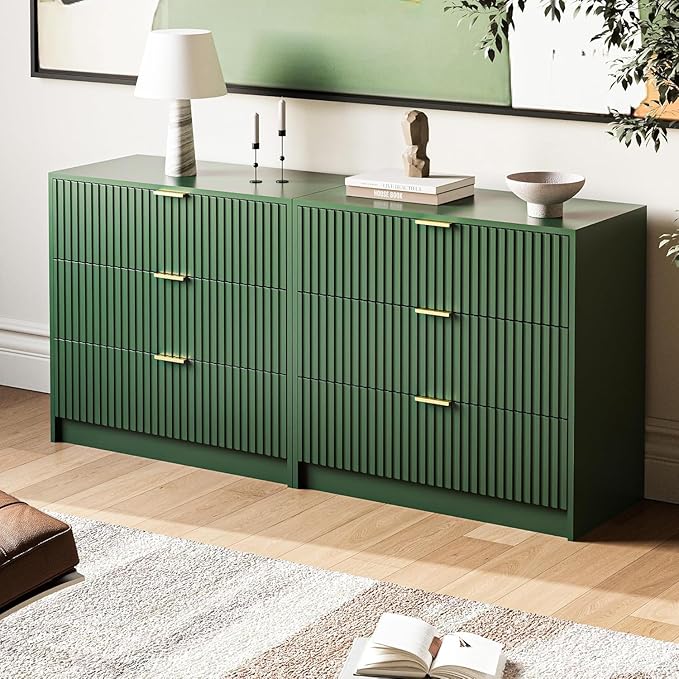 MAISONARIA 3-Piece Dresser Bedroom Set, 5 Drawer Dresser & 3 Drawer Nightstands with Gold Handles, Fluted Wood Chest of Drawers for Bedroom, Living Room, Entryway, Green