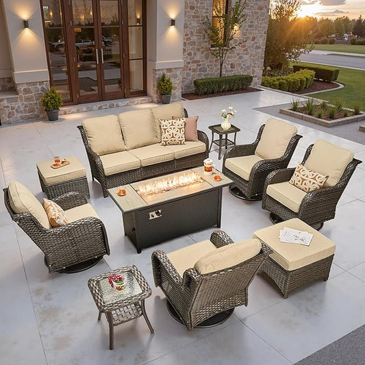 ovios 10-Piece Patio Furniture Set with Swivel Chairs Coffee Table, Outdoor Wicker Sofa with 54" Fire Pit Table, High Back Couch Modern Conversation Sets, Brown/Beige