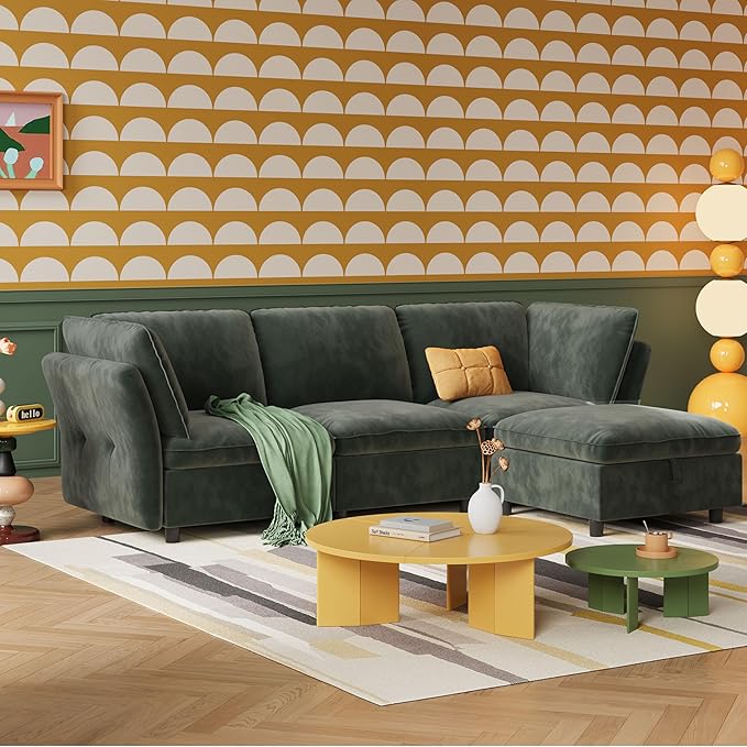 97" Modular L-Shaped Sectional Cloud Couch with Storage Ottoman - Velvet Deep Seating Sofa Set with Pillows, Convertible 3-Seater for Living Room, Apartment, Office (Olive Green)