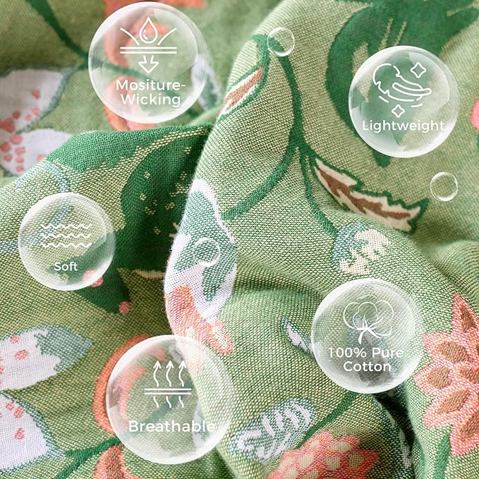 Boho Throw Blanket for Bed 100% Cotton Soft Lightweight Quilt Room Decor Green Spring Bed Blankets,Floral Garden Embroidery Reversible All Season Twin Blankets for Sofa Couch Chair 60"x80"