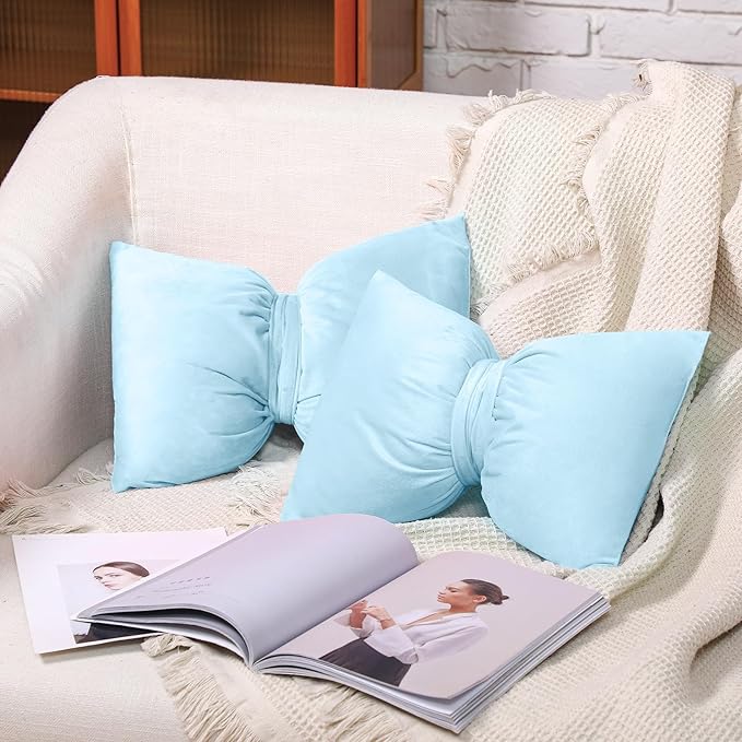 Beeveer Blue 2 Pcs Bow Pillow 12 x 18 Inch Coquette Throw Pillows Large Bow Shaped Velvet Cushion Coquette Decorative for Girls Room Bed Sofa Couch Car Decorations