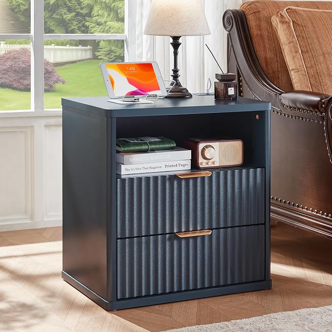 LEYAOYAO Fluted Nightstand with Charging Station, 23" Wide 2 Drawers End Table,Night Stand with Open Storage Cabinet, Farmhouse Bed Side Tables, Wood Dresser for Bedroom, Living Room, Closet, Blue by LEYAOYAO-Findtheshiningpointofyourideallife%EF%BC%81