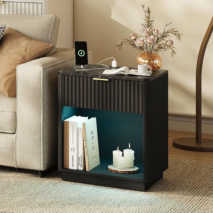 24” Tall Nightstand - Fluted Night Stand with Charging Station & LED Light Faux Marble Top Bedside Table with Curved Profile Design for Bedroom/ 1 Drawer, Black - Image 4