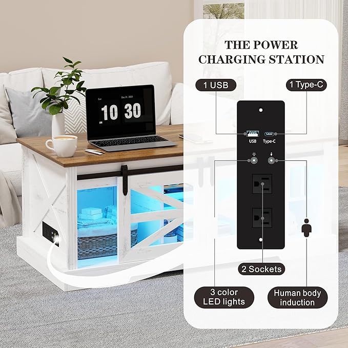 Lift Top Coffee Table with Gun Cabinet, 2 Sliding Barn Doors-Large Storage and 3 Color LED Lights fit Modern Rectangular Rustic Living Room Center Table(White)