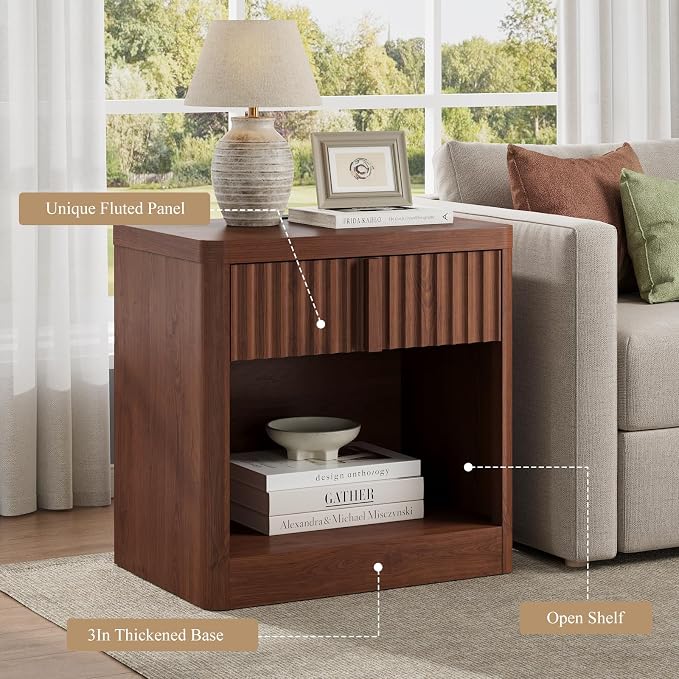 Fluted Nightstand with Charging Station, 23.6" Night Stand with Solid Wood Handle, End Table with Curved Profile Design, Mid Century Moden Bedside Table for Bedroom, Living Room, Walnut - Image 3