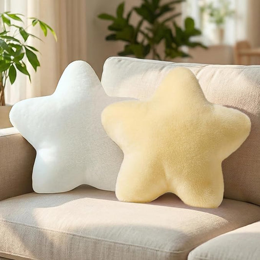 2PCS Star Pillow Set, 15.35’’ Cute Yellow White Decorative Star Shaped Throw Pillows for Bed Couch, Aesthetic Soft Faux Plush Pillow Cushion for Room Bedroom Decor Sofa Chair (Yellow&White)