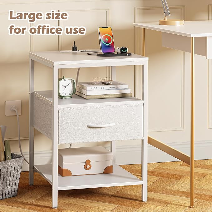 SUPERJARE Nightstand with Charging Station, White Night Stand with Adjustable Drawers, 17.7 Inches Wider Side Table for Bedroom, 3-Tier Storage End Table with Open Shelf, PU Leather Surface - Image 7