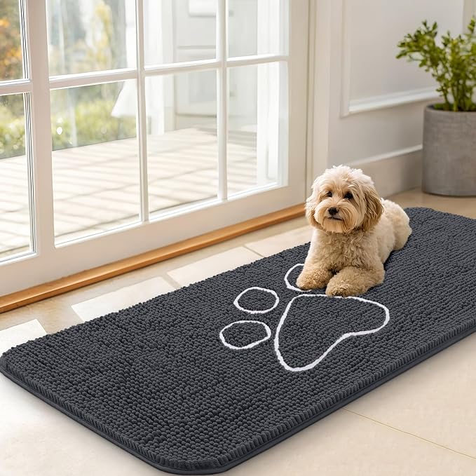 OLANLY Dog Door Mat for Muddy Paws 47x20, Paw Print Design, Absorbs Moisture and Dirt, Absorbent Non-Slip Washable Doormat, Quick Dry Chenille Mud Mat for Dogs, Entry Indoor Entryway Carpet, Dark Grey by OLANLY