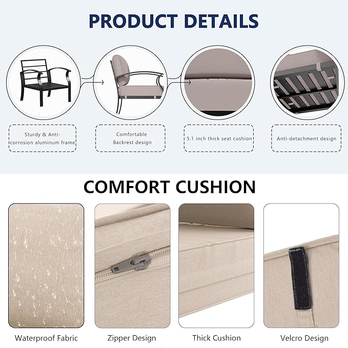 Aluminum Outdoor Patio Furniture Set,4 Pieces 5 Seats Patio Conversation Sets with 45" Propane Fire Pit Table,Metal Patio Sectional Furniture Set with 2 Swivel Rocking Chairs,Sand