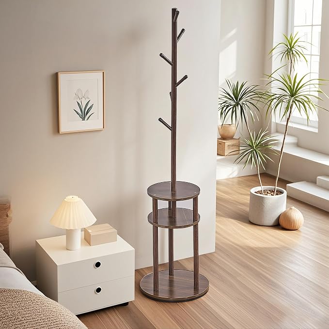 VECELO Coat Rack Freestanding, Entryway Hanger Stand, Umbrella Holder, Hall Tree With Hooks, Floor Standing Metal Tree Stand,Walnut - Image 4