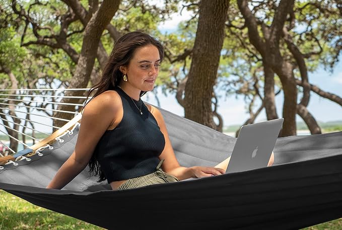 SUPERJARE Hammock with Stand, 2 Person Heavy Duty Hammock Frame, Detachable Pillow & Strong Curved-Bar & Portable Carrying Bag, Perfect for Outdoor & Indoor - Gray - Image 2