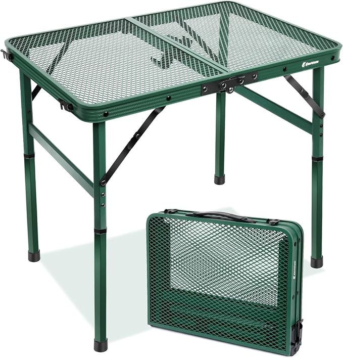 Small 2ft Folding Table with Carry Handle, Adjustable Height 10.6" or 22", Green Metal Mesh, Portable & Compact Indoor/Apartment/Card/Side/Grill Table, 23.6"Lx15.8"W, Lightweight 4 lb, 66 lb Capacity by EEASTSTORM