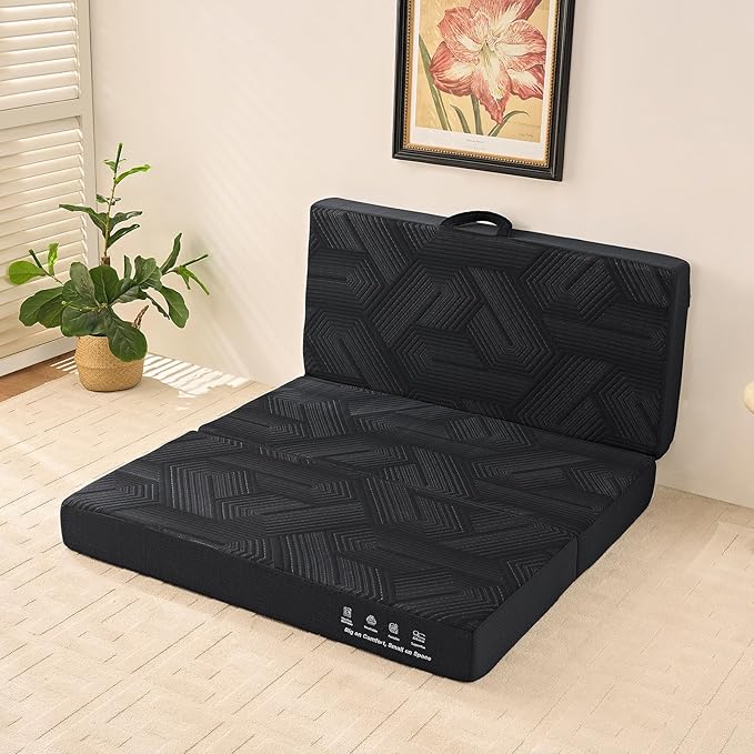 Mattress Topper, 6 Inch Memory Foam Tri-Fold Mattress Full, Foldable Bed with Washable Cover, Handles and Non-Slip Bottom for Yoga, Living Room, Camping, 73"x 52" x 6", Black