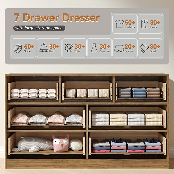 7 Drawer Dresser and Nightstand Sets, 3 Pcs Bedroom Set for Bedroom, Fluted Night Stand Set of 2 & 55" Wide Dresser w/Gold Handles, Mid Century Wood Chest of Drawers Storage Set, Walnut