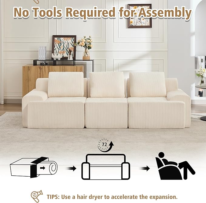 KIGOTY Modular Sectional Sofa, 3 PCS Comfy Cloud Sectional Couch with Deep Seat, Corner Sofa, Modern Boneless Couch for Living Room, No Assembly Required,White