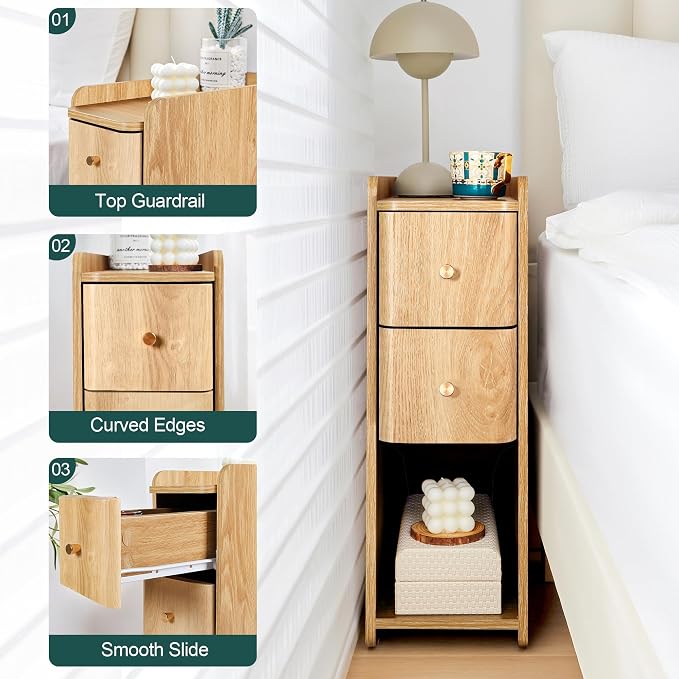 Small Nightstand Set of 2, Wood 2 Drawer Narrow Nightstand, Slim Side Table, Modern Skinny End Bedside Table, Natural Wood Night Stand with Drawers for Bedroom (Natural-2 pcs) - Image 9