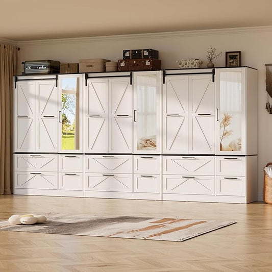 PAKASEPT Armoire Wardrobe Closet with w/Folding Sliding Barn Door, Bedroom Armoires with Mirror and Sensor Lights, Hanging Rod, Wardrobe Closet for Bedroom (9 Doors)
