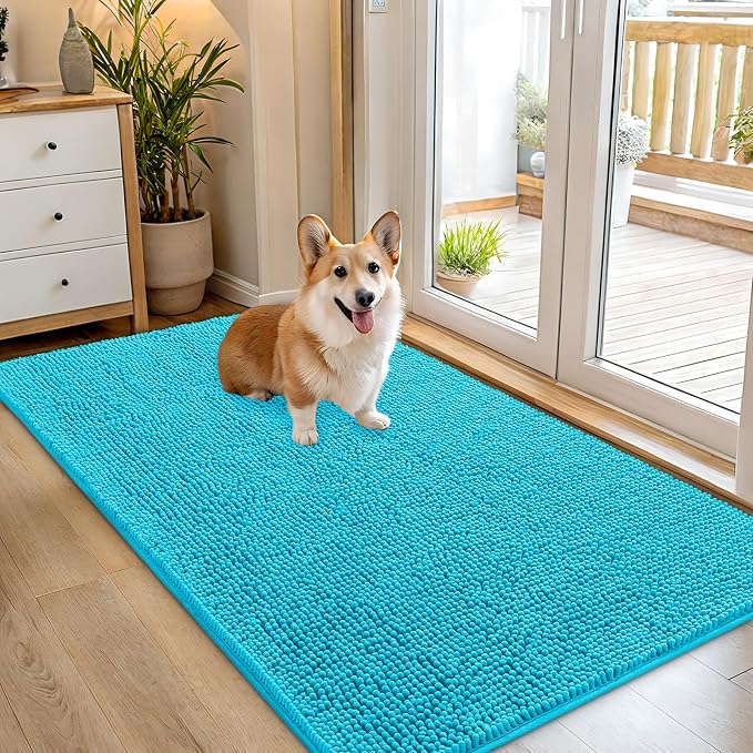 OLANLY Dog Door Mat for Muddy Paws 54x32, Absorbs Moisture and Dirt, Absorbent Non-Slip Washable Doormat, Quick Dry Chenille Mud Mat for Dogs, Entry Indoor Entryway Carpet for Inside Floor, Aqua Blue by OLANLY