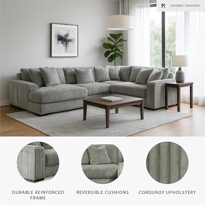 Signature Design by Ashley Lindyn Contemporary Right-Arm Facing 4-Piece Sectional with Chaise, Reversible Cushions, Armrest and Throw Pillows, Gray