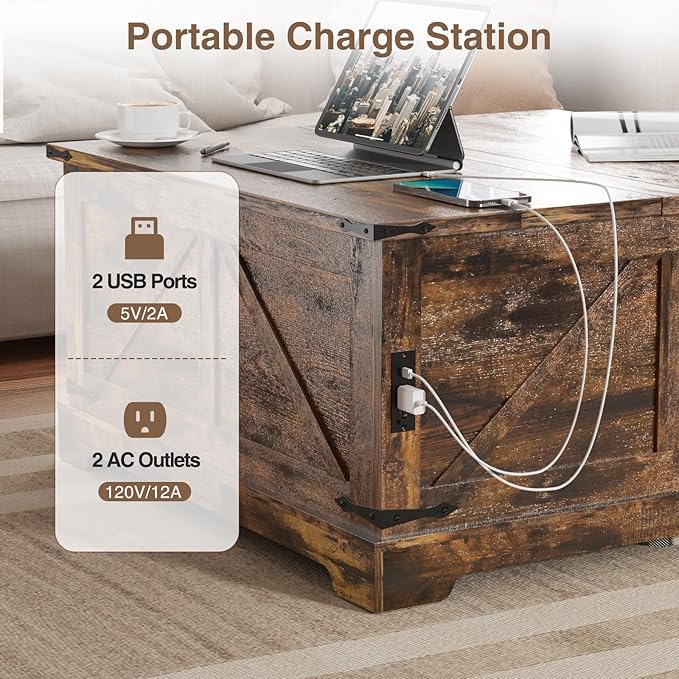 Vabches 35.4" Lift Top Coffee Table, Farmhouse Square Coffee Tables with Storage for Living Room, Center Table with USB Charging Station and Hidden Space, Grey