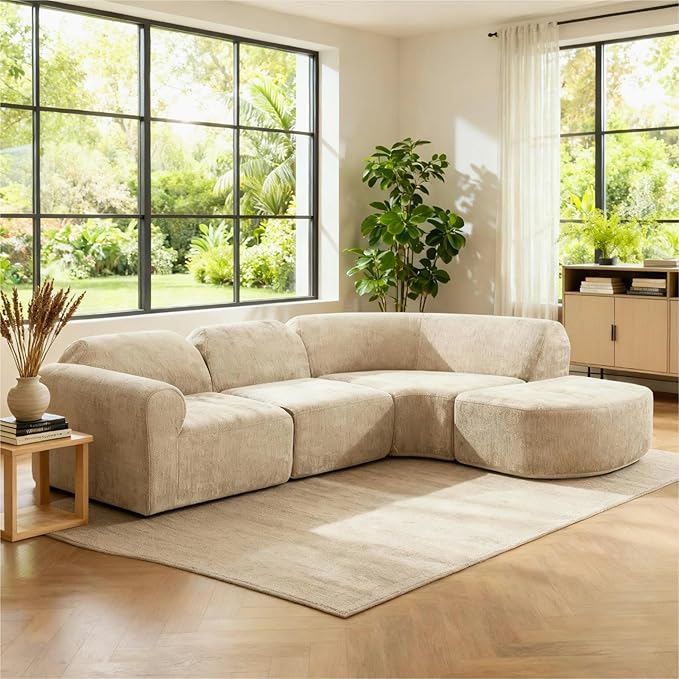 Merax Modern Curved Sectional Sofa with Ottoman, Couch 4-Piece Set High-Density Compressed Sponge, Fully Assembled, Right Hand Facing, Plush Deep Seat for Living Room, Lounge, Apartment, Espresso