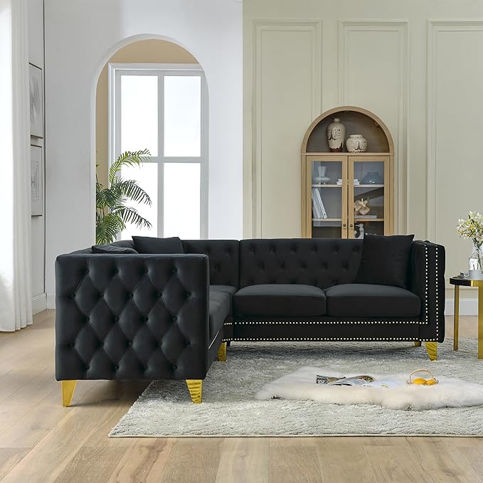 KEIKI 82.2" Tufted Velvet Corner Sofa, 5 Seat Couch, L-Shaped Sectional Couch for Living Room, Buttons Tufted Square Arm Couch for Home Apartment, Black