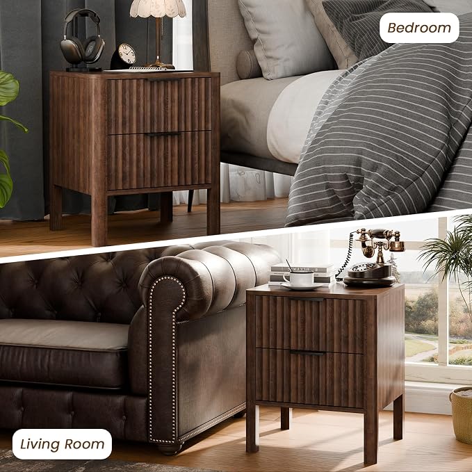 MODNEST 18" Fluted Nightstands Set of 2, Bed Side Tables with Drawers for Bedroom Mid Century Modern Night Stand Wood Nightstand Small End Table Bedroom Set, Walnut - Image 8