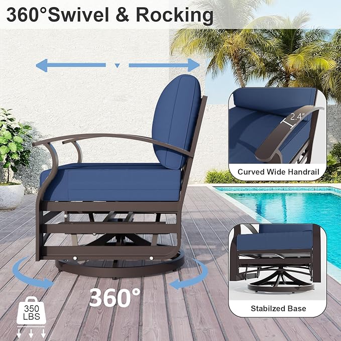 ALAULM Aluminum Patio Furniture Set with Coffee Table Rectangular, 9-seat Outdoor Sectional Furniture w/Swivel Chairs and 2 Ottomans, Patio Conversation Set for Porch, Backyard, Poolside-Dark Blue