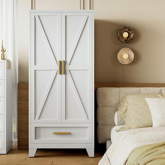 Metal Wardrobe Closet for Bedroom, 71" Freestanding Armoire Wardrobe with Drawer and Shelf, Hanging Rod Clothing Storage Cabinet with Two Doors, Tall Farmhouse Clothes Cabinet Bedroom Armoires