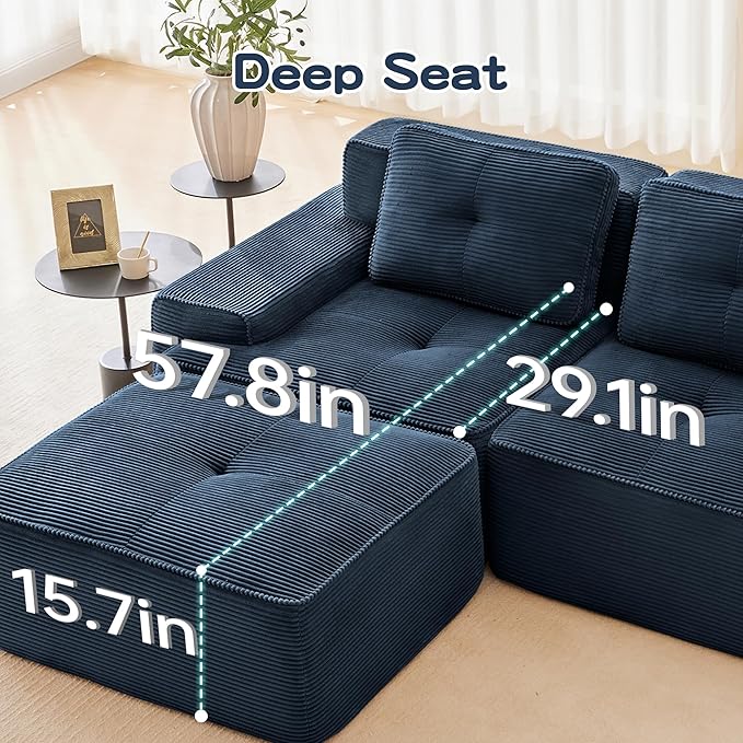 Casaphoria 150'' Blue Boneless Sectional Sofa, Corduroy 4-Seater Cloud Couch with 4 Pillows & 2 Ottomans for Living Room, U-Shaped Deep Seat Modular Sofa for Apartment, No Assembly