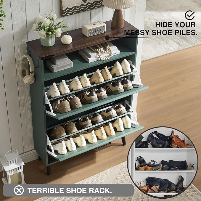 Barnyatoh Shoe Storage Cabinet,Farmhouse Shoe Organizer with 2 Flip Drawers & Barn Door Design,Freestanding Hidden Slim Narrow Shoe Rack Cabinet with Open Storage for Entryway, Foyer,Hallway,Green - Image 3
